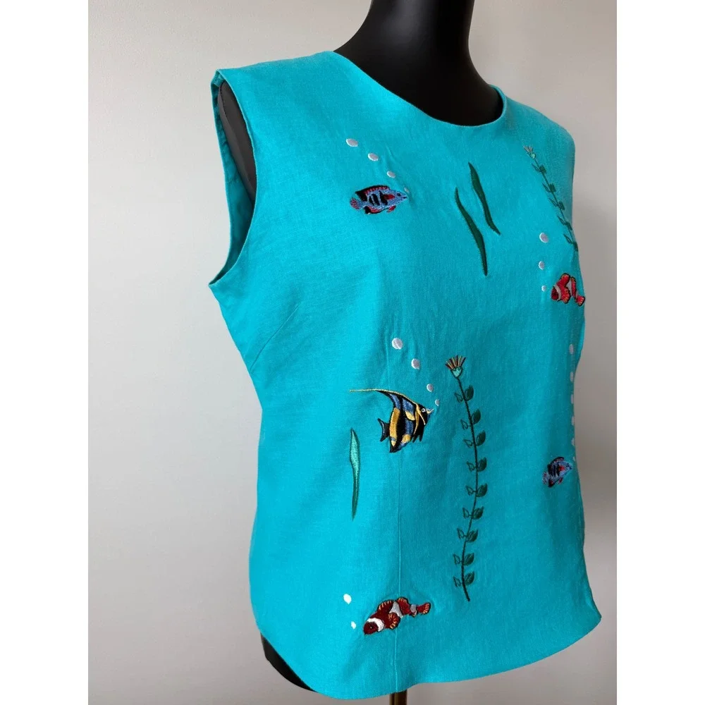 Ultra Dress New York Turquoise Linen Blend Tropical Fish Embroidered Top Size 14